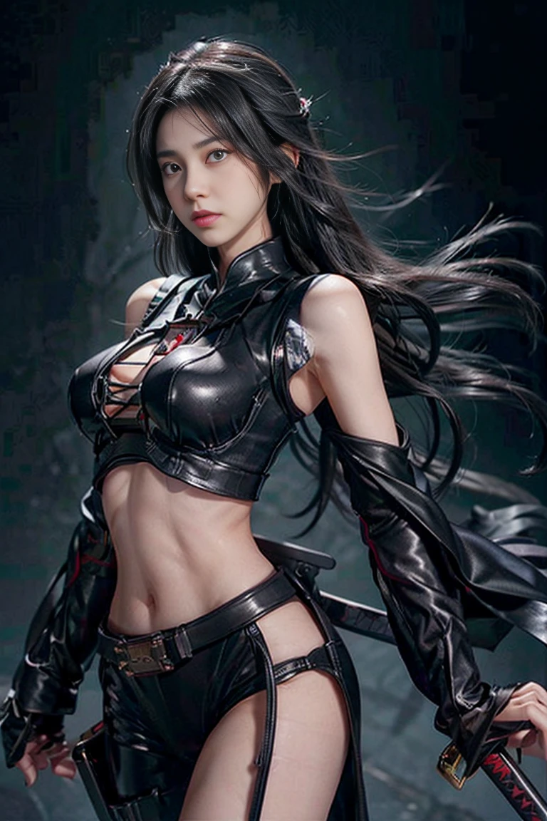  Japanese、Model、Big Breasts、Black Hair、 Black Clothes 、Holding a sword、 shows shoulders、 cleavage visible 、 belly button visible 、 black background