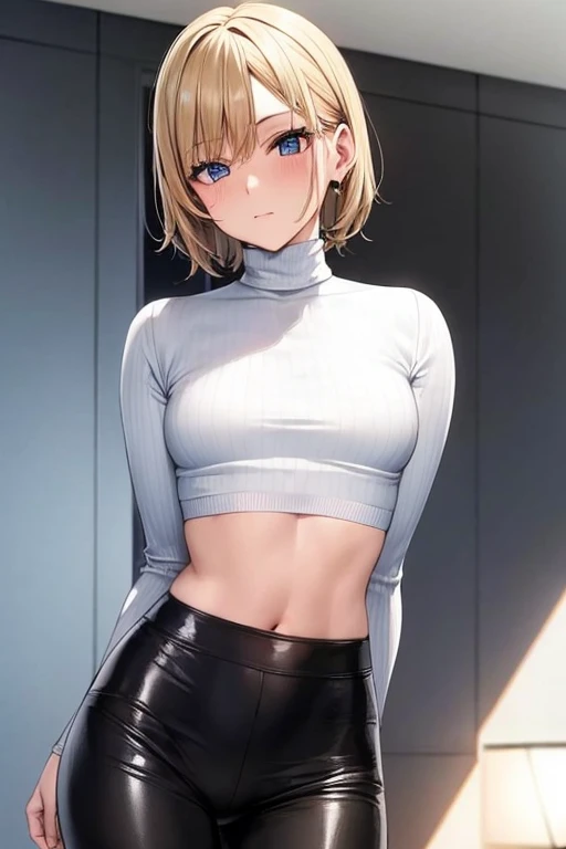 Alone、masterpiece,Best Quality, Hi-Res, several people having fun with each other while having very detailed , ( flat chest), ribbed sweater, turtleneck, Blonde,black skinny pants, wavy hair,  short hair,  boyish , Fake girl , Cool look, exposed skin