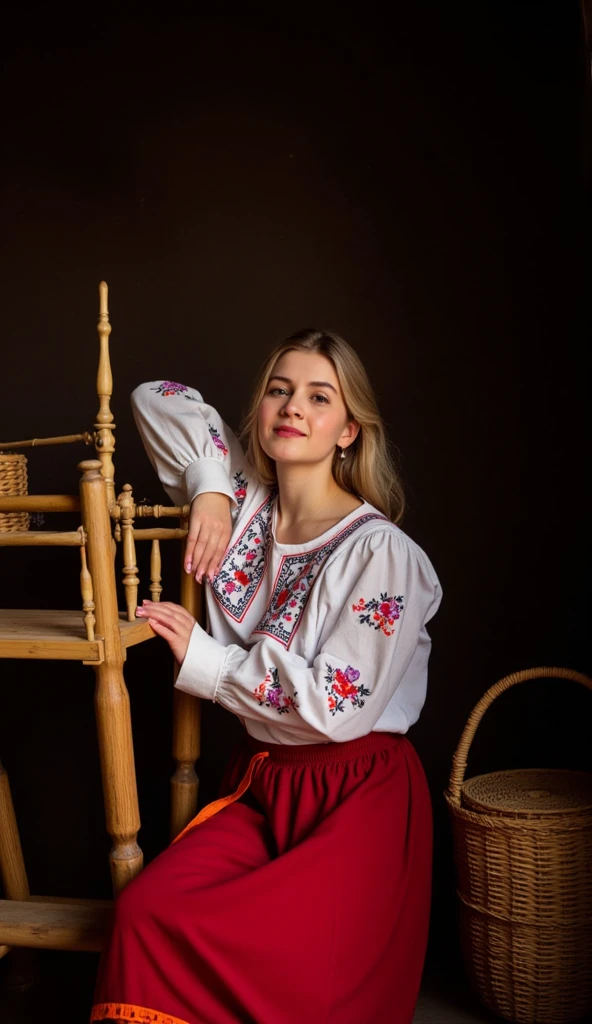 A young woman blonde, seated and leaning against a wooden spinning wheel, wearing a traditional embroidered blouse and red skirt with orange trim. The embroidery features delicate floral patterns accented with red and black details. Detailed, dramatic lighting highlights the intricate patterns on her clothing. Dark, shadowed background complemented by rustic elements like a wicker basket positioned beside her, evokes a timeless, vintage style. The woman's pose suggests a serene, reflective mood. Soft, diffused light casts warm tones across her face and clothing, while shadows enhance the depth of the scene. The old-world charm of the interior space is strongly emphasized. Classic, theatrical lighting, vintage aesthetic, ultra detailed, 8k resolutio culturalbeauty tradition artistry