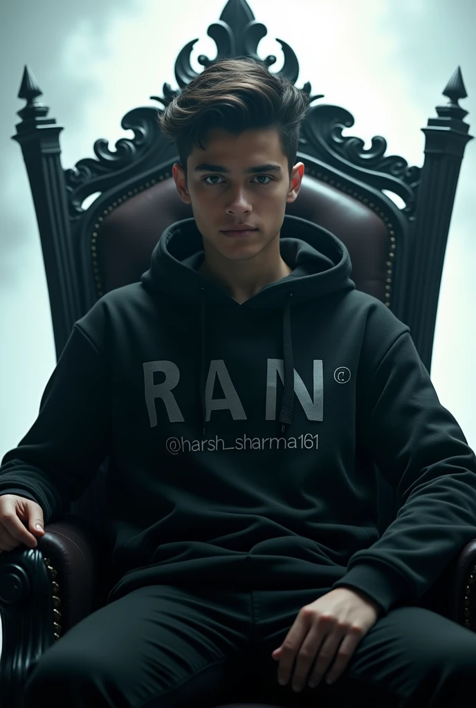 Create Realistic Sitting on king chair jacket that says ” ANAMUL” PLAY WITH PC cigarette create a 3d image of teenager wearing a black smoke artistically forming a name