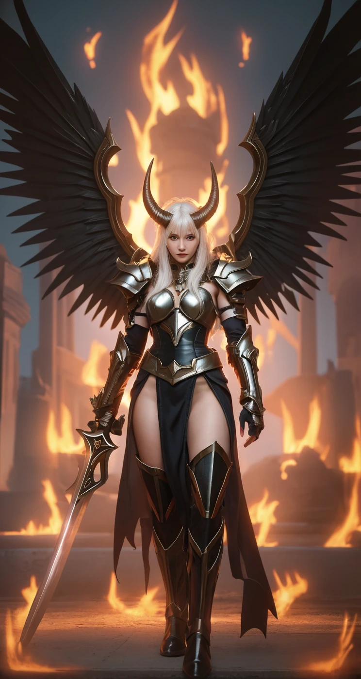 8k,hires,masterpiece,highest quality,demoness,burning indoors dark gothic church background,fire red feathered hair cut,large highly detailed ornamented (ash gray bat wings:1.2),(intricate marigold avocado corsett pants:1.2),cross laced armor boots,dominant posture,seductive gaze,silver horns,realistic folds fabric,diabolic smile,flirting,dramatic cinematic volumetric lighting,low angle shot,realistic photograph,highest detailed face,fire,