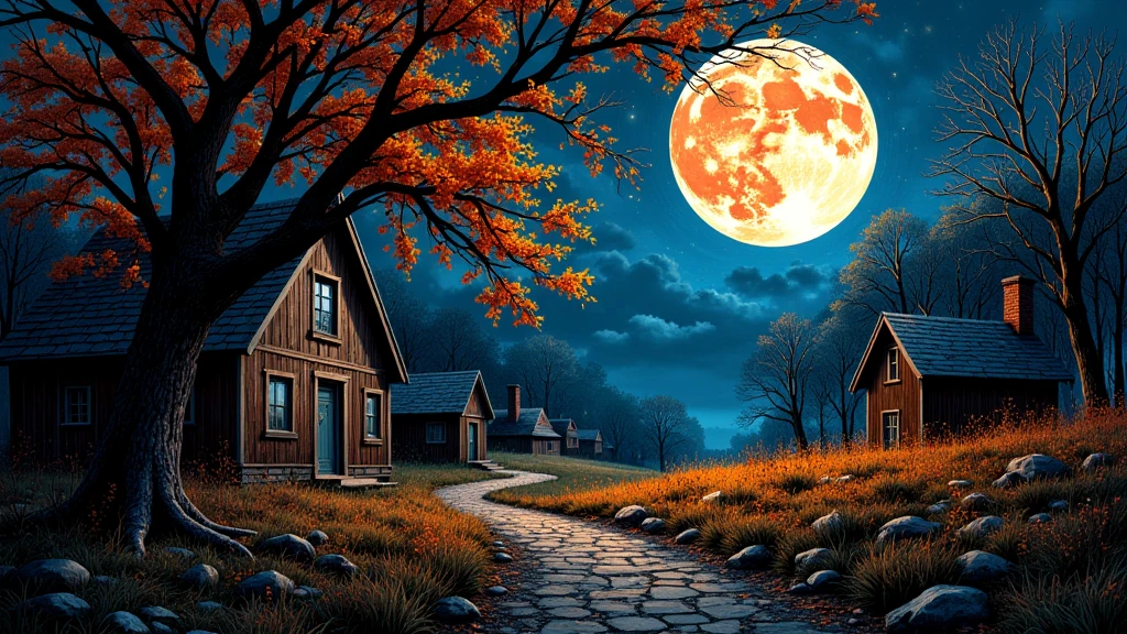 This artwork interlaces the vibrancy of Expressionism with the stark simplicity of Minimalism, creating a stunning tableau steeped in mystery. Dark shadows blend seamlessly with bursts of fiery orange foliage, showcasing nature's profound beauty and the shifting seasons. Each element—the looming trees, rustic houses, and mesmerizing moon—echoes a fluidity reminiscent of a melancholic lullaby. The careful use of tones evokes warmth contrasted against the chilly night, enhancing the emotional pull. Ethereal effects whisper secrets of past inhabitants, while the winding pathway invites exploration, leading viewers to ponder the juxtaposition of light and darkness embodied within this enchanting, reflective realm.

