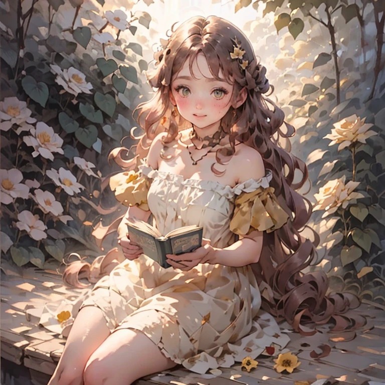 Best Quality,     1 girl,      Very Delicate and Beautiful    , young,  Brownish Pink Hair  ,loose wavy hair 　green eyes ,    Pinch Your Nose   , ( very young 々Looks great  ), ((Very beautiful)),  intellectual,     happy    ,  White Rose　books　warm　     Portrait of a Cute Anime Girl ,    Cute Girl Anime Visual  ,    in a gorgeous dress  ,  鮮明で鋭いRPGのwatercolor ,  watercolor ,  garden background  ,I have a book　  fantasy　     Light Background      　Long Hair,  eyes and eyebrows are close　White Rose Garden 　 no bangs 　Noble, One length haircut