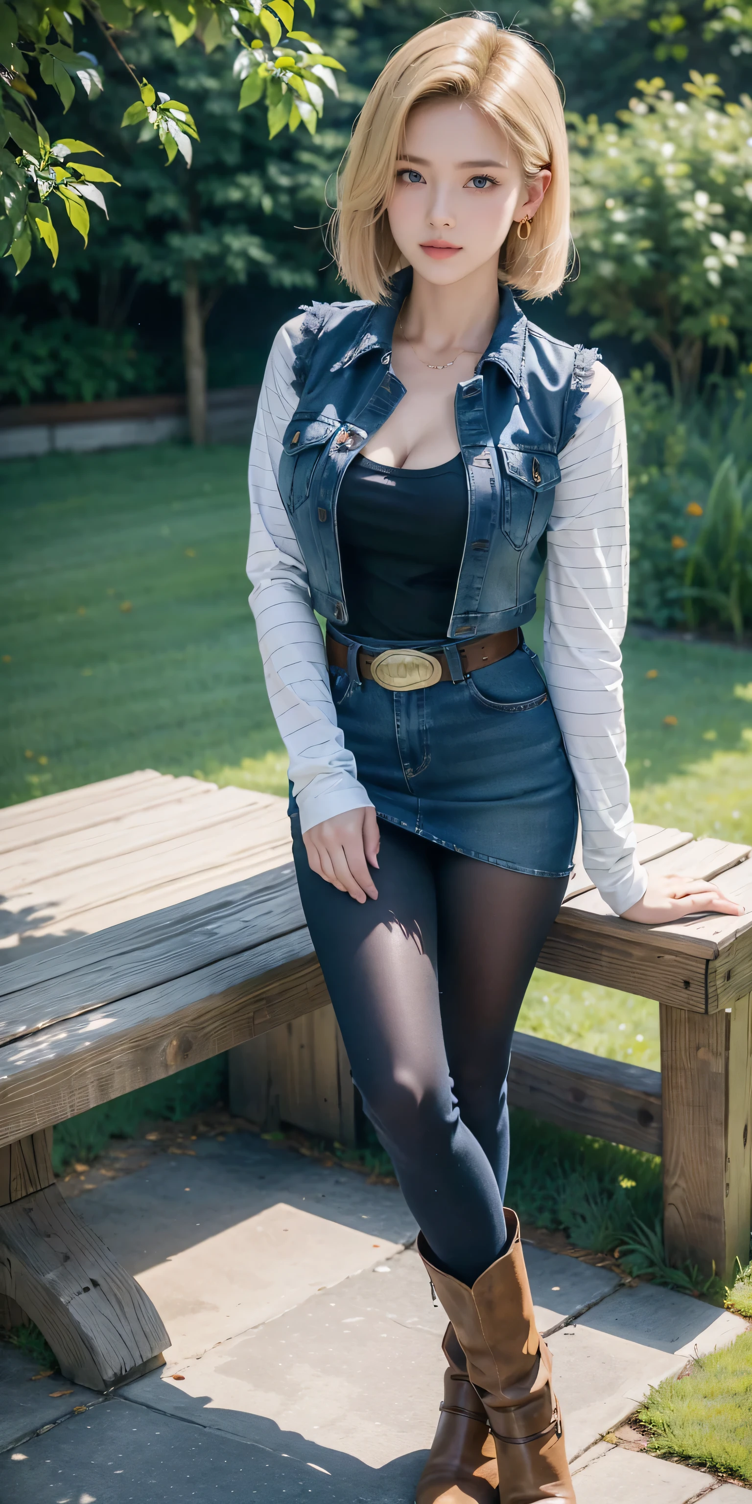 Android 18, Light Blonde hair, Medium Bob hair, Blue eyes, Wearing earrings, Long sleeves with black stripes on a white background, Blue denim mini vest, Blue denim mini skirt, The denim skirt's zipper seam line and stitching run vertically straight to the bottom of the skirt. , Open-chested denim vest, Black T-shirt with high cleavage, Large breasts, Women's Western Cowgirl Belt, Dark brown see-through pantyhose, Western short boots, Looking at viewer, Her whole body is visible on the screen, Her entire body is visible on the screen, from her head to her boots, On a bench, Slight smiling with closed lips standing next to bench , Blue sky, , outside, park, grass, Summer, trees, blue sky, high quality, masterpiece,