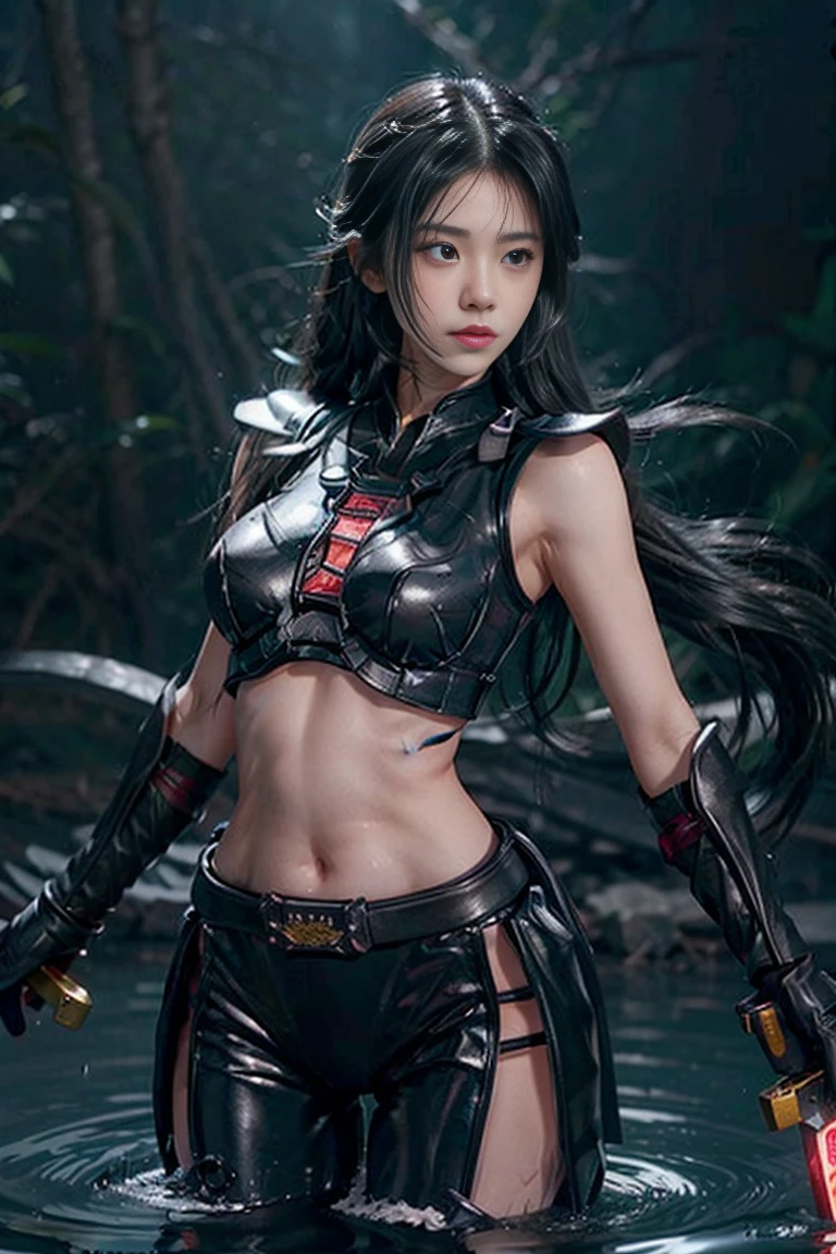  Japanese、Model、Big Breasts、Black Hair、 Black Clothes 、Holding a sword、 shows shoulders、 cleavage visible 、 belly button visible 、 black background、water surface