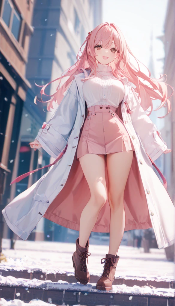  masterpiece, Best Quality,  1 girl,  pink blonde bob hair， Brown Eyes 、 open your mouth ,  eyes sparkle, very big breasts , (Curvy), cute,  eyelash , ((masterpiece,Best Quality,Super detailed, Hi-Res, Hi-Res,4K:1.2),smile, small face、Small waist、 long coat、boots
 It's snowing 、London、Big Ben、from below,  Hi-Res,