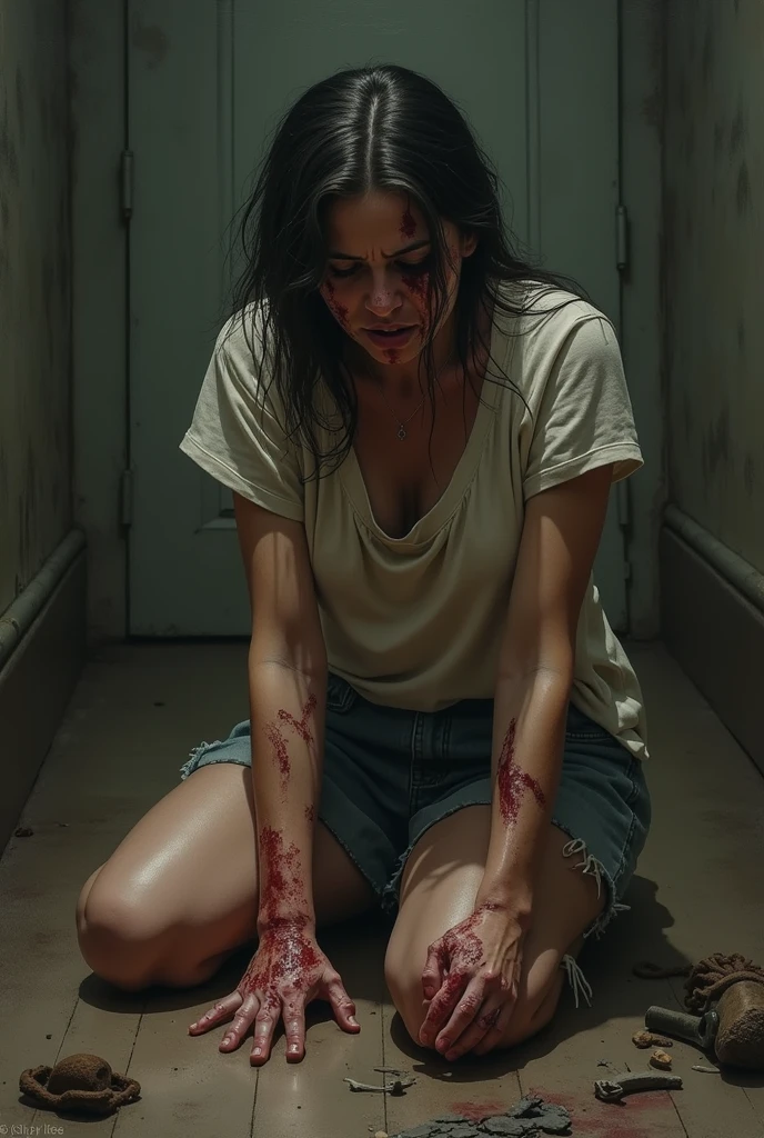 Realistic, cinematic, close up, very dark, night, A dimly lit room, black background. A scared and wounded woman with dark messy hair lies on the floor, barely visible due to the dark, blood on her dress. The woman's hands are outstretched scratch the floor, and appears bloodied and injured, leaving trails of blood on the floor, suggesting that she is being dragged by someone along the floor. The environment is bleak and oppressive, the floor stained with blood.