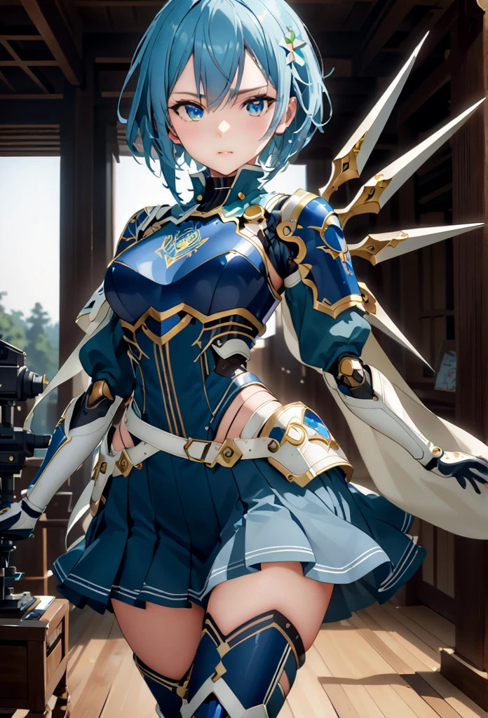   1 girl, shino asada,    short hair, bangs,    blue eyes,   hair accessory  ,  Hair between the eyebrows,    blue hair,    side lock, Vertical pupil , Gloves,    Long Sleeve   , white Gloves, 光り輝く青いarmor, shoulder armor, breastplate, 鏡面の様に反射する輝く青いarmor,, arms, Focus on women, Cape, armor,   android   、Handguard,    waist wrap skirt   , breastplate, full armor，  Knee High Heels  ,    robot joint  、  Anatomically Accurate Mechanical Body 　(((masterpiece)))，((   complicated details))　(8k)、      full body shot   、 Open clothes