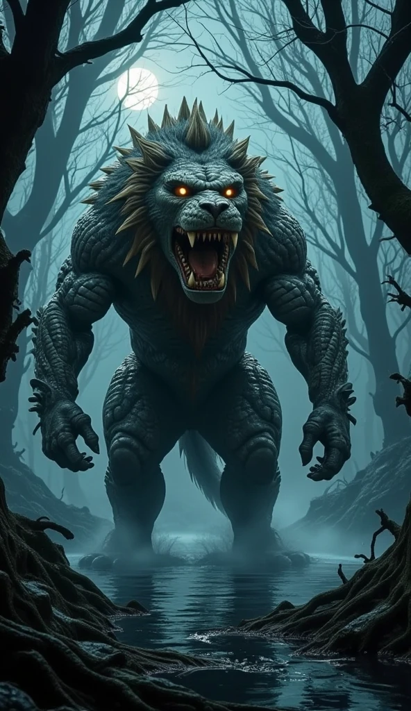 A monstrous hybrid of a lion and crocodile stands in the middle of the dark, misty swamp where the lion and crocodile faced off. The creature's muscular, fur-covered body glistens with crocodile-like scales along its back and limbs. Its head is a grotesque blend of feline and reptilian features, with razor-sharp teeth and slitted, menacing eyes. Twisted trees surround the beast, casting eerie shadows under the moonlight, as swamp mist swirls around its legs, ominous atmosphere,photorealistic, 8k, high quality, masterpiece