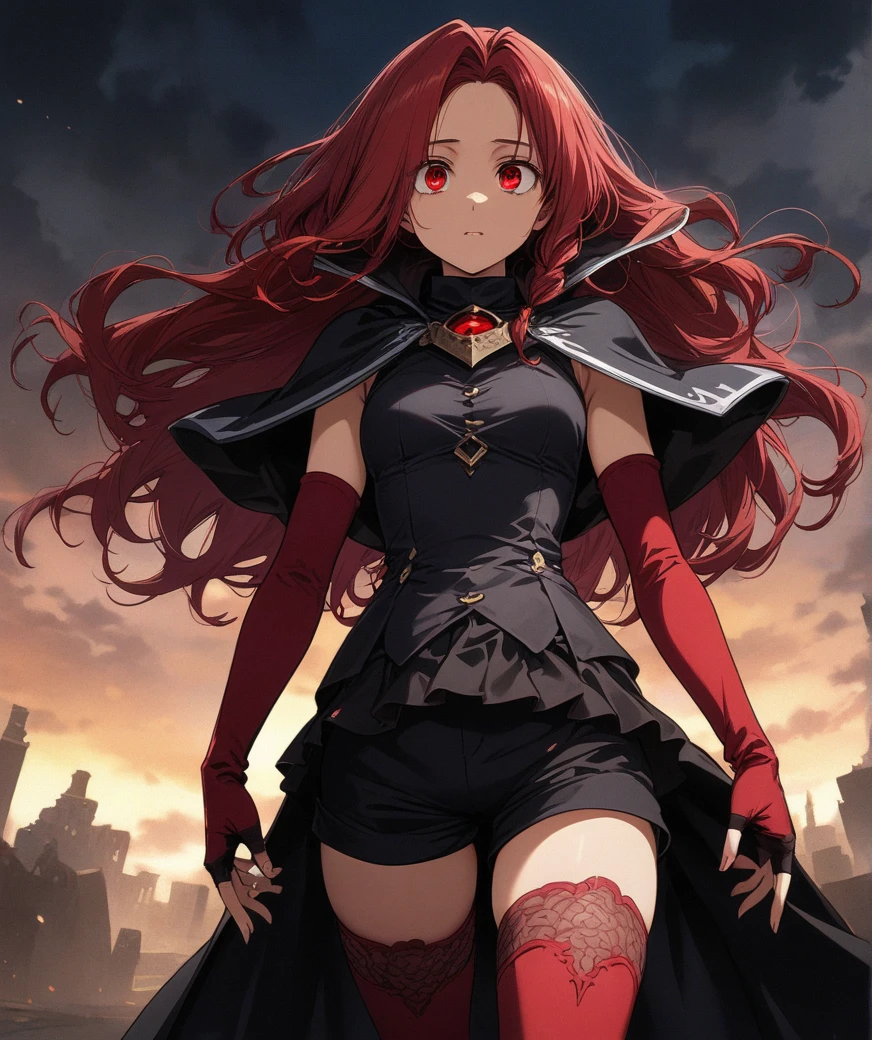 grimgaryume, yume, long hair, (red eyes:1.5), braid, red hair, single braid, BREAK thighhighs, gloves, boots, shorts, elbow gloves, fingerless gloves, cape, black shorts, red thighhighs, BREAK looking at viewer, BREAK outdoors, BREAK (masterpiece:1.2), best quality, high resolution, unity 8k wallpaper, (illustration:0.8), (beautiful detailed eyes:1.6), extremely detailed face, perfect lighting, extremely detailed CG, (perfect hands, perfect anatomy),
