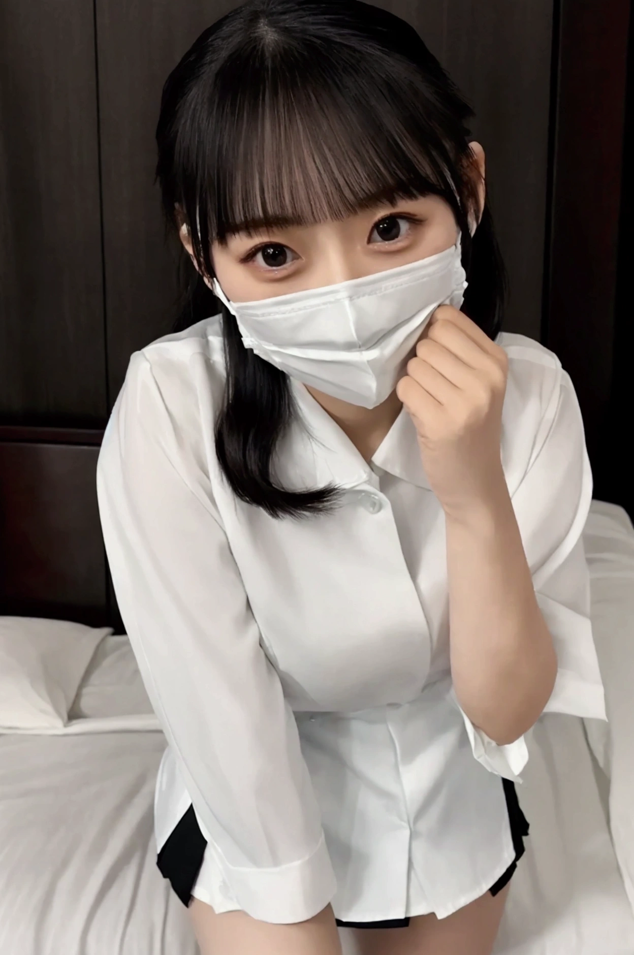 best quality, masterpiece, (realistic:1.2), front, 1 girl, 14 years old, (silhouette lighting:1.5), sobbing, light brown chignon hair with bangs, white nurse costume, white nurse cap, white gloves and mask, blue eyes, detailed face, beautiful eyes, medium breast, (wariza:1.3), from above, in hospital room