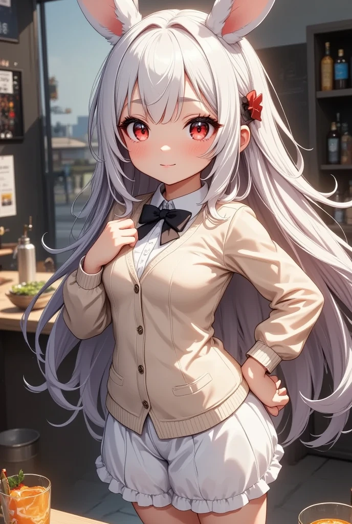 1girl, 彼女はRabbit Earsが生えた,  she's a cute high school girl ,  is so cute, Rabbit Ears:1.3,  cream colored cardigan with extra sleeves,  white shirt ,  a ribbon with a design ,  mini skirt,  small breasts:1.4,  beautiful long silvery white hair ,  Healthy Thighs, Detailed depiction of thighs, Her beautiful,  her adorable eyes shine like jewels , ((smile:1.4, smile:1.4, naughty face:1.3, v over eye:1.4, Perfect hand shape:1.3)), Beautiful and glossy lips :1.4, from above:1.3,  fast food restaurants, Inside the store,  beautiful digital art , masterpiece, Best Quality,  Ultra High Definition,  rich contrasts,  great quality ,8k,  very detailed, Best Quality anime, Please redeem Deep Borderline 1 .2,  ultra-detailed eyes :1.35