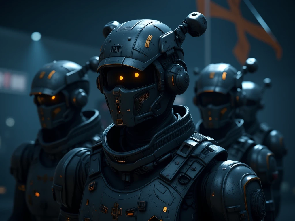 8k uhd, Generate a formation of soldiers on perfect formation, the soldiers resmble to the helghast of the killzone game with helmets and mask covering their faces, eyes glowing yellow,banners waving, Jin Roh style soldiers, highly detailed photo art, day,Enhanced all