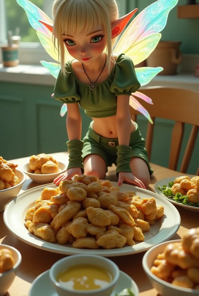 1 elven girl, solo, full body, A small-sized elf with transparent wings that shine with the rainbow color is looking at a variety of delicious looking dishes. sitting on the table, next to the large dishes. blonde straight hair, blunt bangs, Azure eyes. green short puff sleeve cropped shirt, green low rise shorts, green lace-up boots, on the dinning table in the kitchen, from above