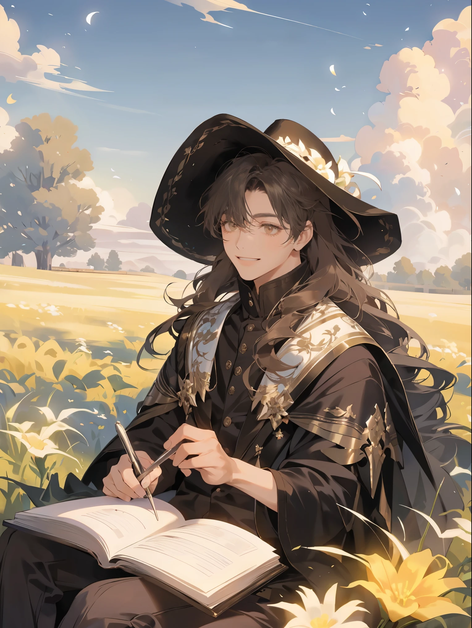 one ,  Exquisite Beauty ,  Fantastic atmosphere , ethereal glow, Beautiful action ,  young man sitting on the grass reading a book,  long black curls , Elegant smile ,  bright brown eyes , Look up at the sky， train passing , light, grassland，Flowers,  warm sun ,  photo effect , 【8k, Super detailed