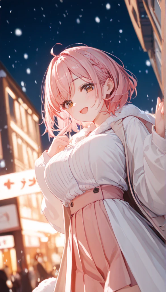 ((Ultra-detailed)), (top-quality),((masutepiece)), ((Super exciting)), ((8K)), ((2160p)), ((extremely clear)), ((Very sophisticated)), ((Anime Graphics)) ((Anime quality)), ((Anime Illustration)), ((Perfect Lighting)), ((Glowing skin)), ((。.3D)), ((Upper body)), ((Perfect Anatomy)),((Solo)), ((a japanese girl)), ((a baby face)), ((Pink hair)), ((Short ponytail:1.5)), (Large Hair Ribbon), ((Ahoge)), ((drooping eyes)), ((Blue eyes)), ((anime quality eyes)), ((long eyelashes)), ((Thin eyebrows)), ((Beautiful breasts)), ((Detailed face description)), ((Detailed wearing instructions)), ((Realistic skin texture)), ((depth of fields)), ((Realistic background)), (Smiling), (Open mouth), ((Eye level angle)), (Look at viewers), (Pink long coat:1.5), (White muffler:1.5), (snowy street), (yuki),(yuki), (Snow Town), (Night),