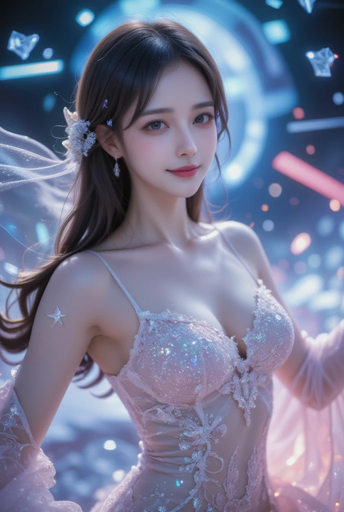    Beautiful Virtual Idols   ,   Detailed Digital Avatars   ,    Bright Holographic Figures ,   Clear Sparkling Skin   ,   detailed facial features ,   charming smile  ,  Delicate expression, Long flowing hair,    elegant pose   ,    Surreal Futuristic Environments  ,   Multifaceted Dynamic Lighting , Neon Glowing Details  ,  Cinematic composition,   Brilliant Color Palette  ,  Details as in the picture , masterpiece