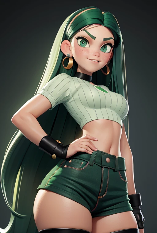 ((Best Quality)), ((Masterpiece)), ((Realistic)) and ultra-detailed photography of a 1nerdy girl with goth and neon colors. She has ((emerald hair)), wears a small tiny black thong , ((beautiful and aesthetic)), muscular fit body abs, sexy, under-boobs, hot
