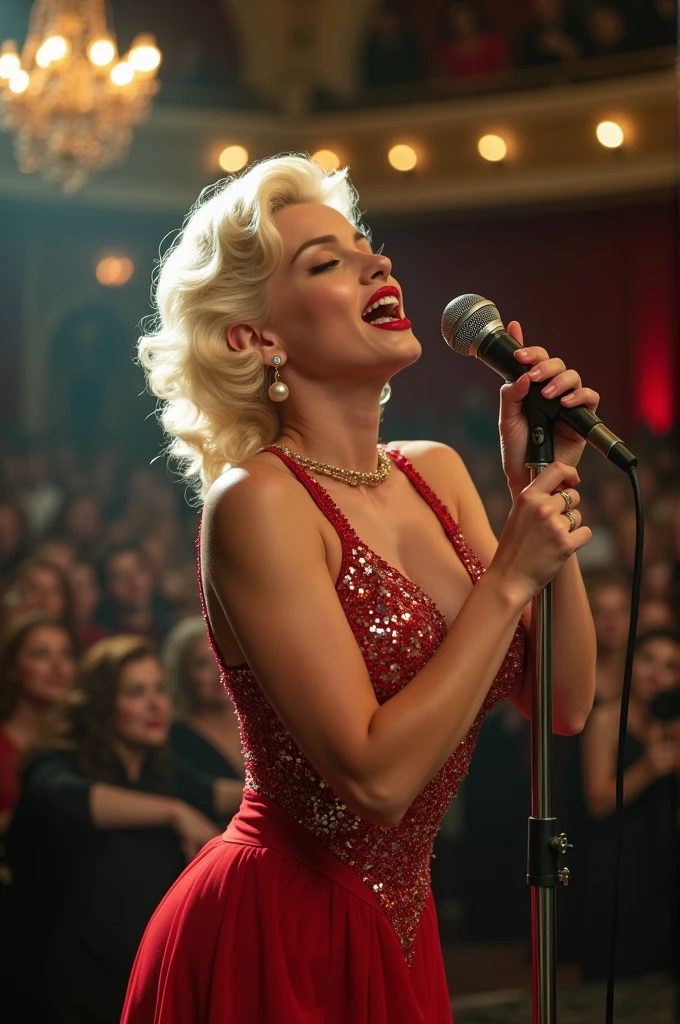 A photo of Marilyn Monroe in a radiant 1950s-style ball gown, posing with a microphone on stage,original,Marilyn Monroe has bleached blonde hair, plump red lips and a mole on the upper corner of her lip on the right side of her cheek. , female