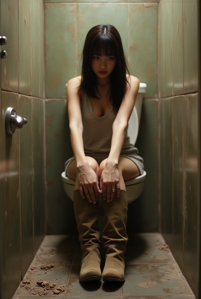 Sitting in the middle of an abandoned men's toilet,There is a men's standing urinal,Cigarette butts and littered toilet paper,Devastated,Broken doors and windows,Clutter piles up haphazardly,The ground is a mess,pee stain, Sweat, sewage, Splashes,The ground is dilapidated,Flesh-colored transparent bikini,Cloudy white liquid covering,facing at camera,Exquisite and perfect facial features,the most beautiful big eyes,Long eyelashes,The eyes are sweet and there are lying silkworms,Willow leaf arched his eyebrows,White and tender skin,Slender legs,Delicate and perfect human body structure,Barefoot,Spread your legs,Extreme picture quality,Highest accuracy,Extreme exhibitionism,South Korean beauties