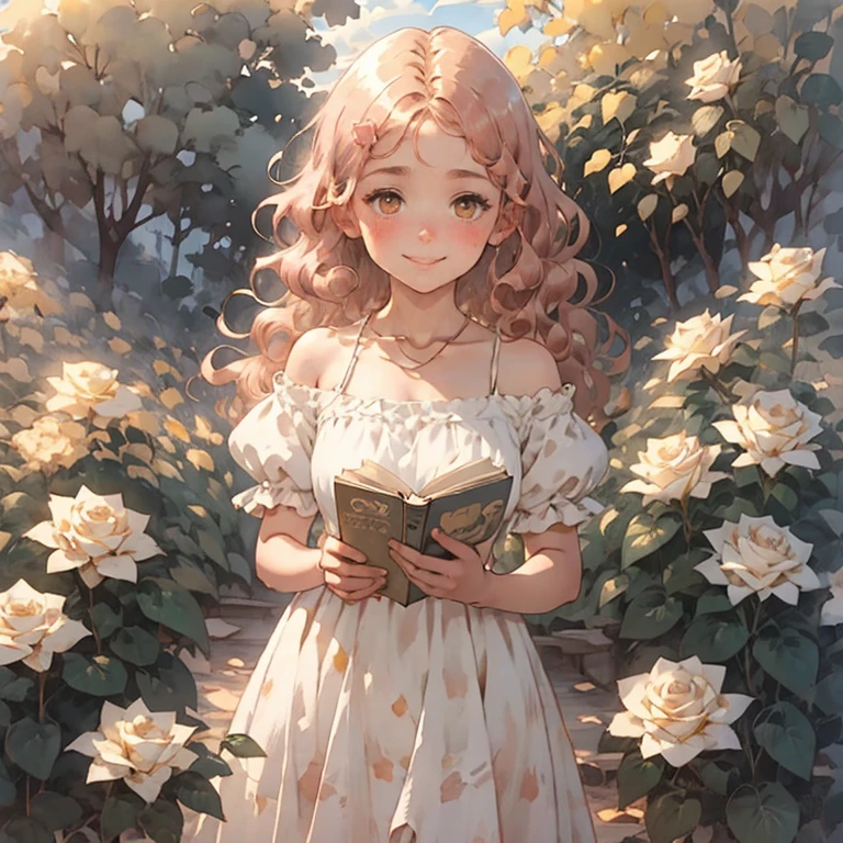 Best Quality,      1 girl,       Very Delicate and Beautiful     , young,   Brownish Pink Hair   , curly hair almost straight  　green eyes ,     Pinch Your Nose    , ( very young), ((Very beautiful)),  intellectual,      happy     ,  White Rose　books　warm　 cute anime girl portrait  ,     cute girl anime visual   ,     in a gorgeous dress  ,  鮮明で鋭いRPGのwatercolor ,  watercolor ,   garden background   ,I have a book　   fantasy　      light background long hair ,   eyes and eyebrows are close　White Rose Garden 前髪なし デコ出しの前髪, 