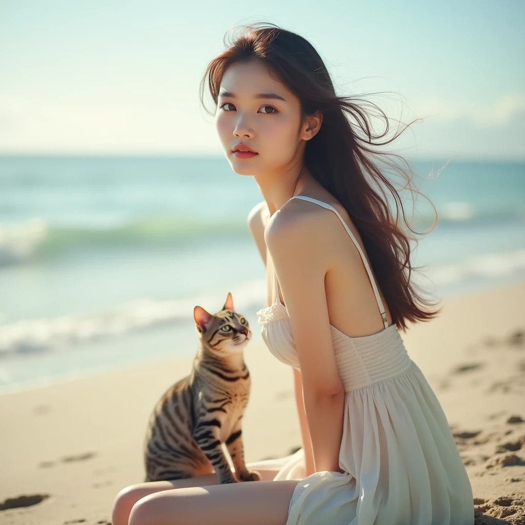 best quality, ultra high resolution, (photorealistic: 1.4), (detailed beautiful girl: 1.4), (medium breasts: 0.8), olhando_no_visualizador, detailed facial details, beautiful and detailed eyes, (brown hair), brown eyes, smile (makeup: 0.4), red lips, (full body, sitting, beach, high waves, ), very detailed clothes, (ulzzang-6500-v1. 1:0.3) \, cats, strong wind,