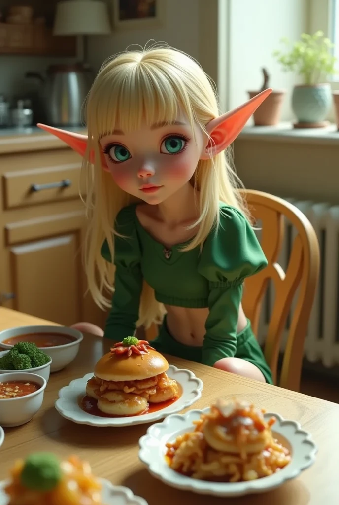 1 elven girl, solo, full body, A cup-sized elf is looking at a variety of delicious looking dishes. sitting on the table, next to the large dishes. blonde straight hair, blunt bangs, Azure eyes. green short puff sleeve cropped shirt, green low rise shorts, green lace-up boots, on the dinning table in the kitchen, from above