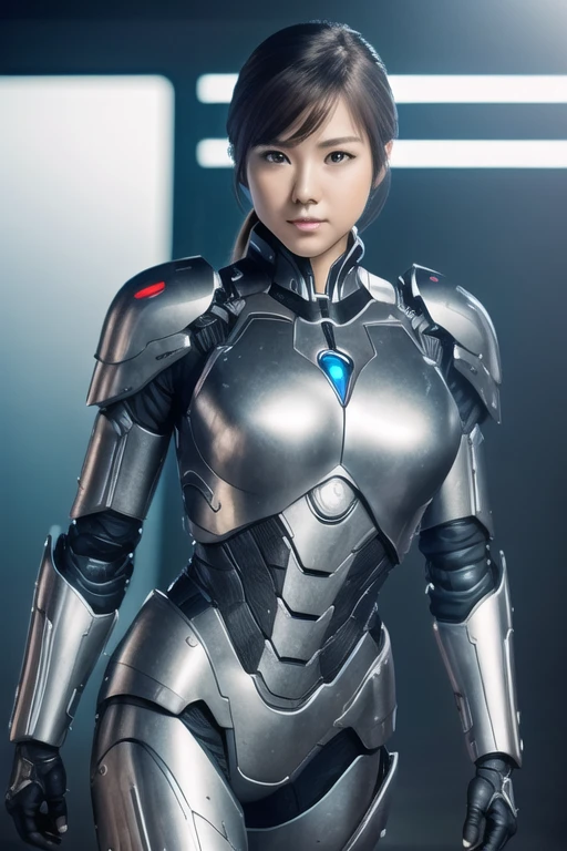 Top quality, masterpiece, tank armor muscular bodybuilder female, beautiful female robot with skin face, cyborg upper body, body covered with transparent acrylic body. face is skin. Tensile muscles, metal tendons, heart, line tubular blood vessels and nerves are visible.