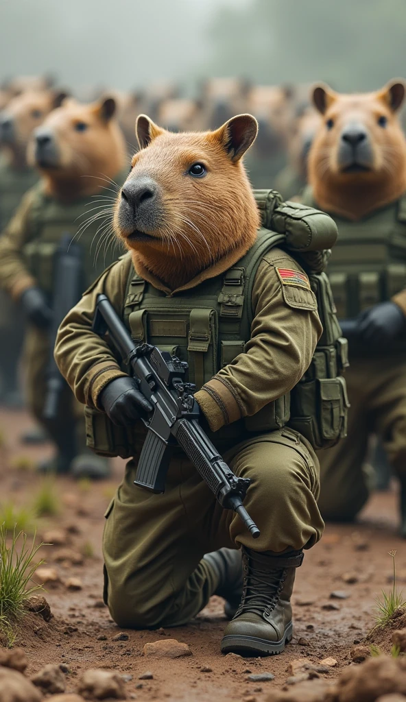 masterpiece, best quality, high resolution, extremely detailed CG, holding weapon, assault rifle, finger on trigger, in river, fog, town, solo, (otter:1.5), (((otter hands))), ((otter tail))), tactical clothing, black and white clothing, upper body, wet, drops on clothes, wet hair, wet clothes