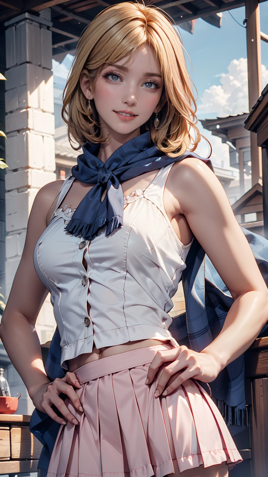 ((最high quality, 8K, masterpiece: 1.3, Ultra HD, high quality, 最high quality, High resolution, realism)) 、25-year-old Caucasian female、blue eyes、long hair、smile、slender、slenderだがアスリートのような細マッチョ、I want my head to stay off screen、Wear accessories on your wrist、Wearing red nail polish、I have a peticure、aerial perspective((atmospheric perspective))、smile((smiley))、background blur((depth of field)、Crystal Earrings((crystal earrings))、Blonde((blonde hair))、Bangs at the parting((parted bangs))、Pixie Cut Hair((pixie cut))、Wear zipper-up tops、Wear knitted tights、Wear a low-rise miniskirt、No sleeve、Wear sneakers、sexy pose