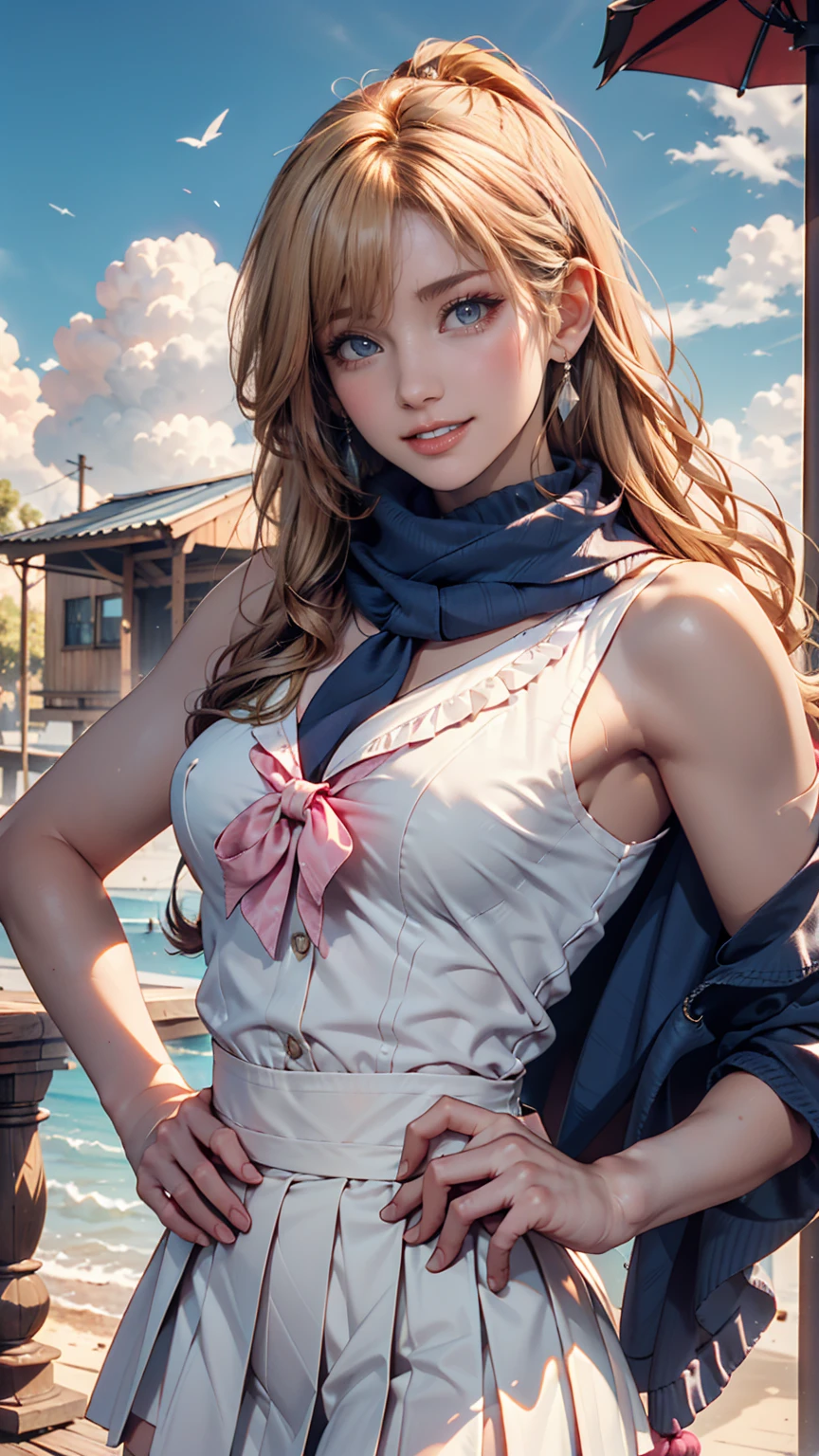 (masterpiece:1.2, highest quality), (realistic photo:1.4), beautiful illustrations, (natural side lighting, movie lighting),
beautiful hair, beautiful face, detailed and beautiful eyes, beautiful clavicle, beautiful body, beautiful breasts, beautiful thighs, beautiful feet, beautiful fingers,
looking at the viewer, 1 girl, high school girl, (perfect anatomy, anatomically correct, super detailed skin), cute symmetrical face, baby face, perfect face, perfect eyes,
(long hair, straight hair, dark blonde hair), bangs, dark blue eyes, big eyes, (large breasts 1.4, seductive thighs), perfect body, greaming skin, slender,
( break no sleeve, white collared shirt, break black tight skirt, cleavage), break
(beautiful scenery), evening, (amusement park:1.2), standing, break (lovely smile, parted lips),