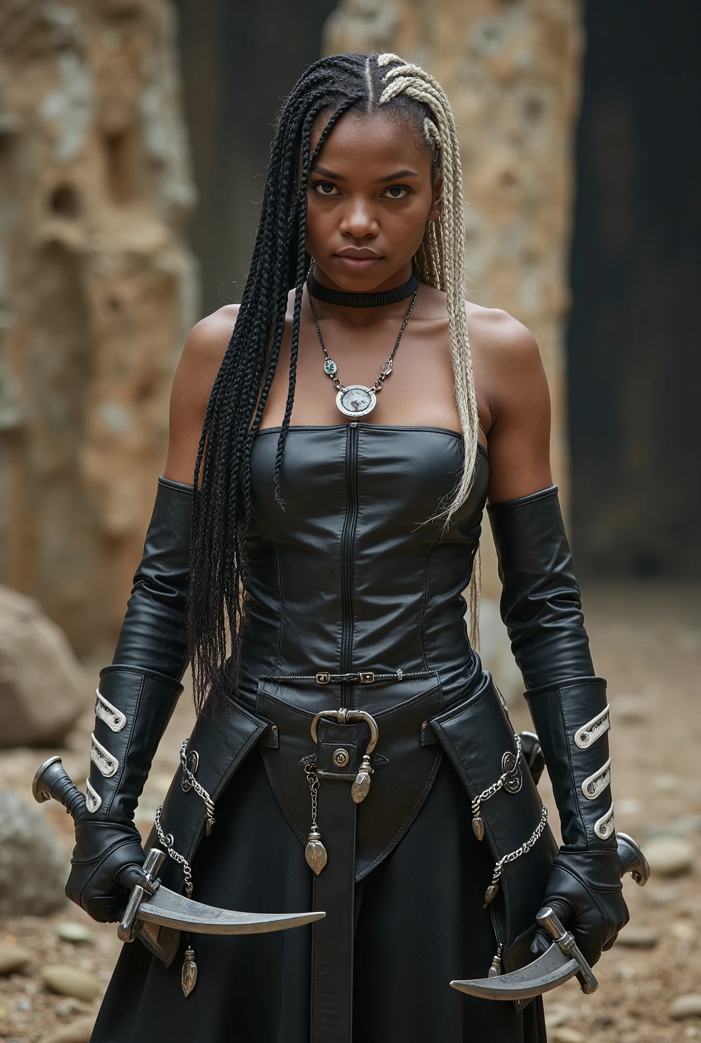 a close up of a woman in a skirt with a sword, an album cover inspired by Esaias Boursse, trending on cg society, afrofuturism, mini-skirt, mini skirt, in style of chrome hearts, african domme mistress, intriguing outfit, waist - shot, wearing chains, wearing honey - themed miniskirt, garters