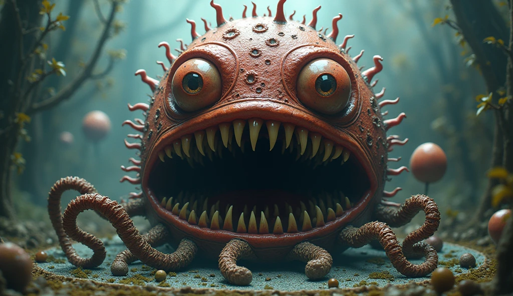 A creature that has an orange cylindrical body, a round head, four fins, that has compound eyes, have scales, that is covered in fat, round ears, sharp teeth.