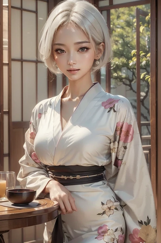 masterpiece、highest quality、High resolution、table top、wallpaper、realistic、bright lighting、professional lighting、face light、smooth lighting、Beautiful woman、action、gravure、sexy、super beautiful、beautiful skin、beautiful and detailed eyes、detailed face、slim、Moderately、short hair、white hair, sky eyes、look at the camera, kimono girl
