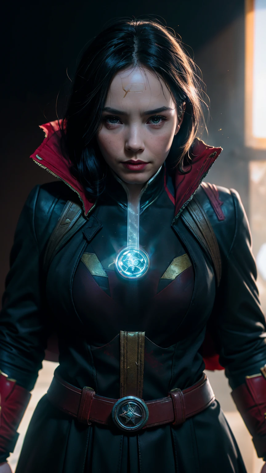 A woman from Marvel studio, (clean background, ((Black background)), ((superhero uniform)), RAW photo, (photorealistic:1.37, realistic), highly detailed CG unified 8K wallpapers, 1girl, ((perfect body:1.1)), (medium breasts:1.2) , looking at viewer, (((straight from front))), (HQ skin:1.2, shiny skin), 8k uhd, dslr, soft lighting, high quality, film grain, Fujifilm XT3, ((full body:0.8)), (professional lighting:1.4), Stunning girl in uniform from Marvel superhero,1girl, as doctor Strange, long hair, black hair, slanted eyes, freckles:0.6, masterpiece, best quality, perfect photo, best photography, parted lips, perfect body plump, correct anatomy, (Superhero character from Marvel) High Resolution, (Marvel studio, DOCTOR STRANGE), Saliva, Heavy Breathing, perfect photo detail