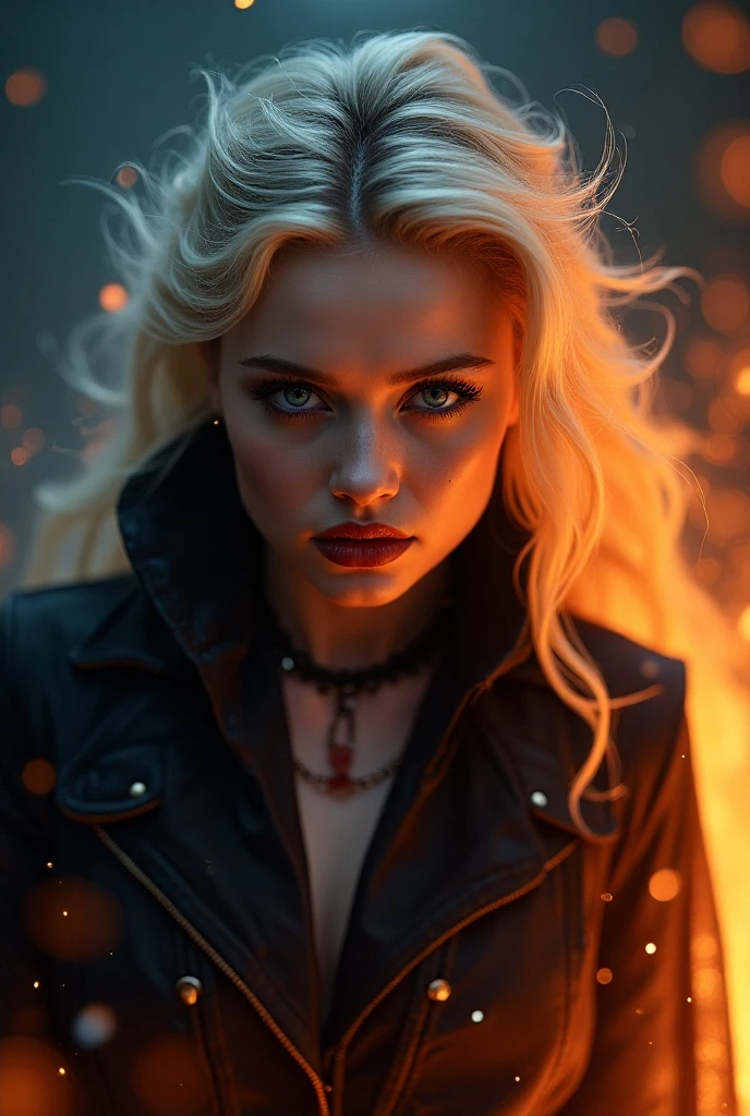 fantasy art, modern and gothic art, (masterpiece:1.5), full body best details, highly detailed, best quality, highres, full body portrait of a female vampire (Masterpiece, best quality: 1.6), ultra feminine, with a long curvy hair, blond hair, (red:1.3) eyes, glowing eyes ((beautiful delicate face)), Ultra Detailed Face (wearing elegant glamour open black leather jacket: 1.5) , (flowing black leather jacket: 1.5), wearing an intricate (white suit: 1.2) (intricate details, Masterpiece, best quality: 1.3), high heeled boots, urban background (intense details, beat details), fantasy, at night light, natural ,moon light, clouds, gothic atmosphere, soft light, ((anatomically correct: 1.3)), high details, best quality, 16k, [ultra detailed], masterpiece, best quality, (extremely detailed), dynamic angle, drkfntasy, evening dress, Intense gaze