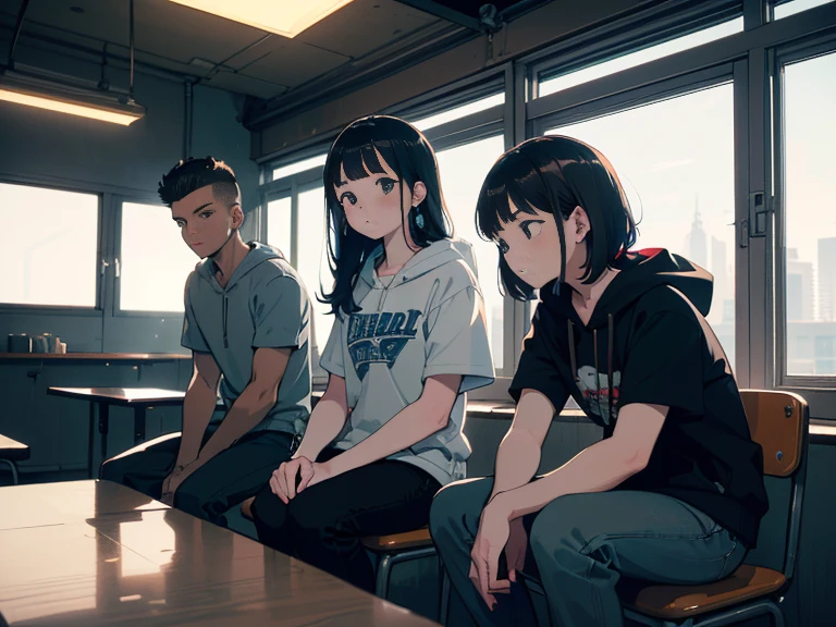 ((女子高生にハグされるyoung child:1.4)),((1 high school girl:1.4)),((young child:1.4)),classroom,((High school girl has black hair ponytail:1.4)),((high school girls wear white t-shirts:1.4)),((High school girls are barefoot:1.4)),