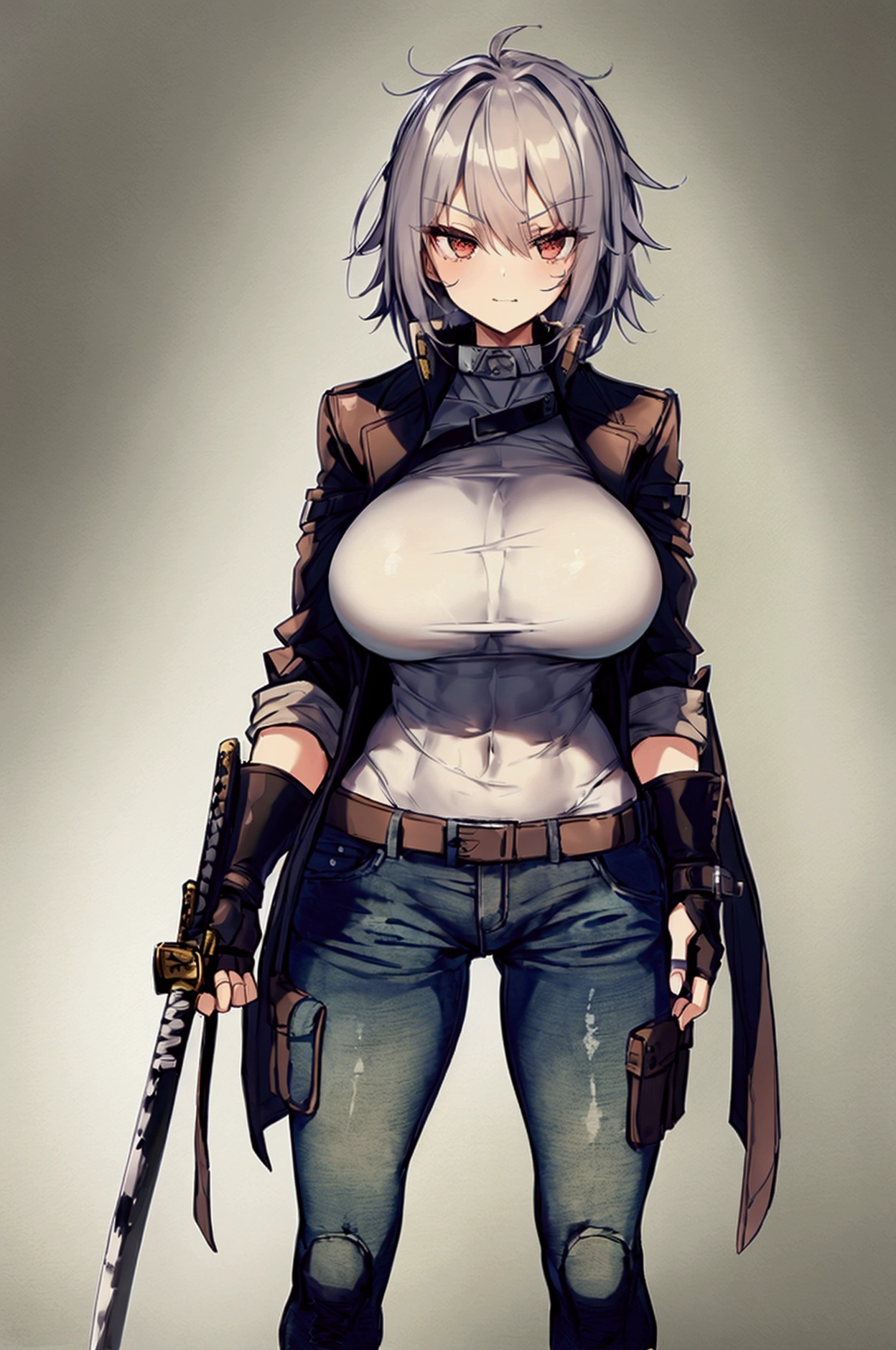  ultra detailed , Obra de arte,  Best quality ,  standing alone , arrogant smile,
 a girl, silver eyes, (medium hair gris, highlighted , medium hair,  Big breasts , toned abdomen
coat on the shoulders, pantss jeans,   long sleeve white shirt with rolled sleeves ,  fingerless gloves , combat boots, pants,  black coat , 2 Katanas :  ( 1 glove in the hand  ,  another one kept at the waist )  battle posture  ,   movement with the katana  