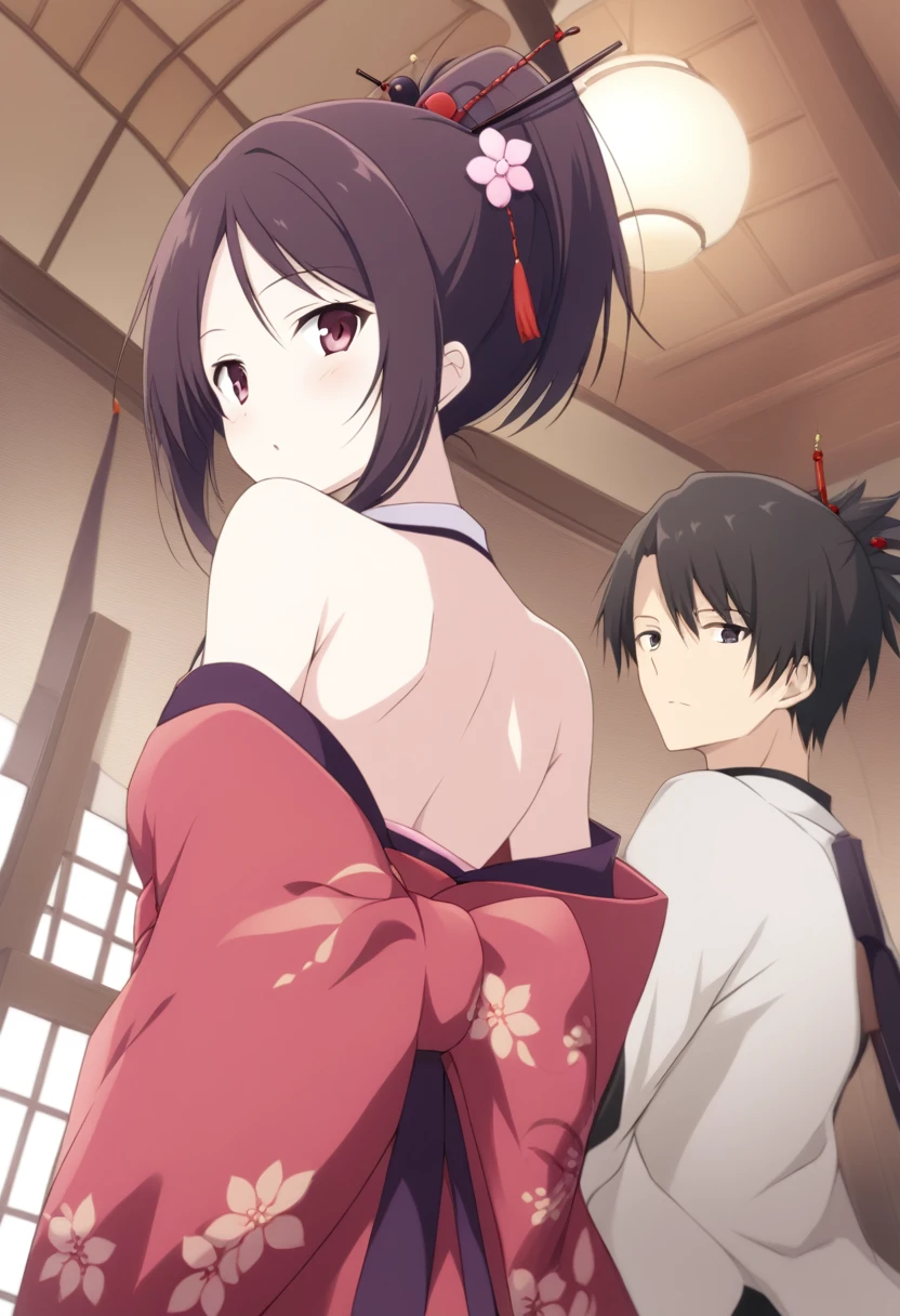 girl, Bare shoulders, back, looking back, looking viewer,, score_9, score_8, score_7, source_anime,fuu, kimono, hair ornament, hair stick, ponytail,
1girl, Teahouse from a historical drama, red fabric, 1boy, boy back, Samurai Middle Ages