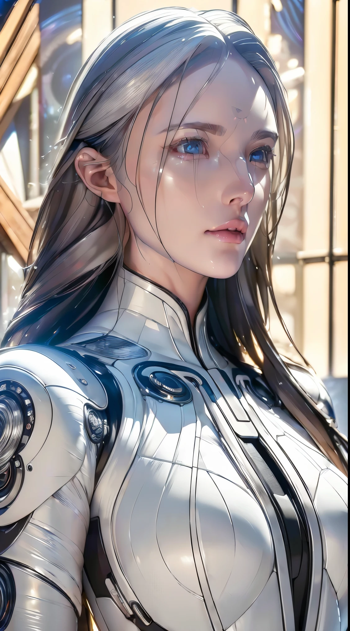 Insightful gray eyes, Long flowing white hair, Very long hair, Porcelain white face, Soft and shiny, Futurist, futurist suit, neon light suit, (((masterpiece:1.5),(highest quality:1.5),(Very detailed:1.5),(High resolution:1.5),(Realistic:1.5),(Realistic:1.5),(Delicate depiction),(Careful depiction))),8k,wallpaper