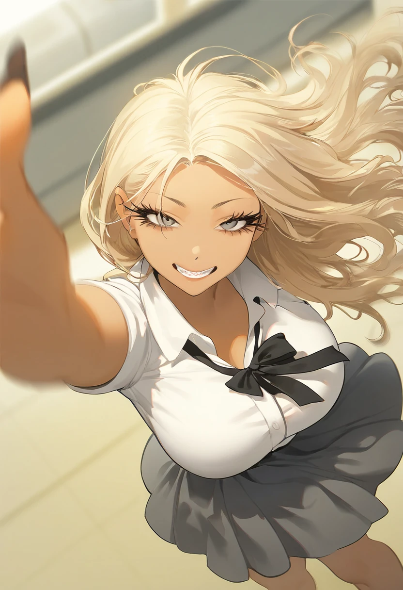 1 girl, gyaru, (wash:0,7), name \(cancel\), (question \(questionzy\):0.7), air seal, (trending:0.6), ((from above)), dynamic angle, large breasts, feet out of frame, mischievous smile, floating hair, light blonde hair, wearing a white shirt, wearing a black tie, short gray uniform skirt, light skin, sharp eyes, gray eyes, long eyelashes, light blonde hair, beauty, blurry background, yellow theme, depth of field, cinematic, motion blur, masterpiece, super quality, good quality, latest