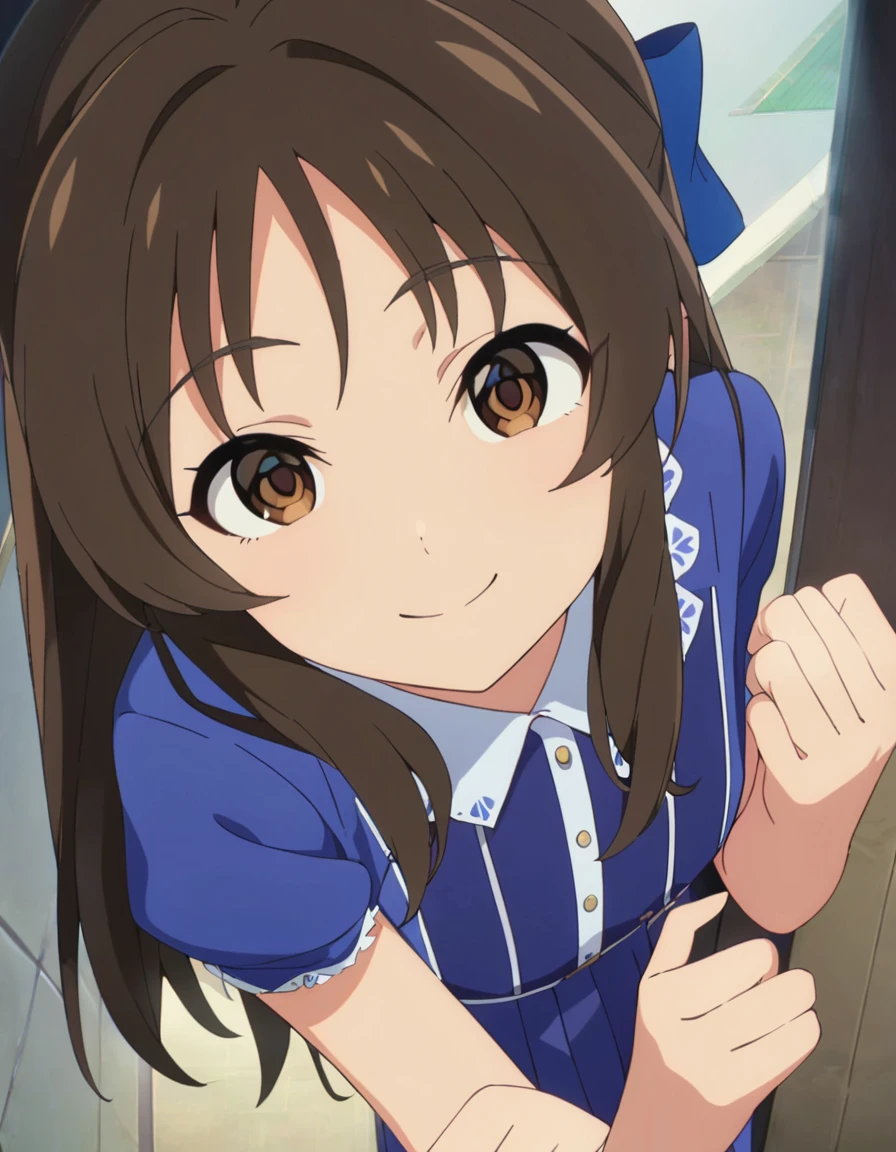 Best Quality,masterpiece,   4K, Uncensored,  full light, evaluation_ explicit 1 girl , Alone,Arisu Tachibana, Brown Hair,  Brown Eyes , Long Hair, Bangs
tcbnarisu _, ,  blue dress , hair bow
,smile , upper body,   Viewers
,up to date, OFFICIAL ART, face focus 
