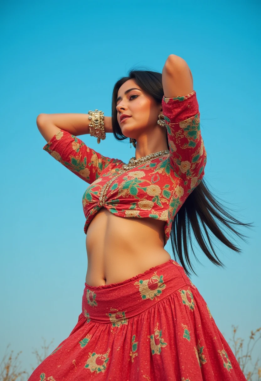 （lifelike， high - resolution：9000000000000.99500000000) , A Bollywood actress cloaked in a traditional floral print blouse and ghagra, her raven-black hairs cascading down, captured in an outdoor cowman shot with arms behind her head and other raised up, armpits modestly trained away from view, alluring navel visible that seems to pierce the vibrant blue background echoing the color of the day-time sky, her alluring belly generously visible between the sun-kissed fabric, every detail clearly visible down to the 900,000,000,000.75K 900,000,000,000.75K, High resolution,