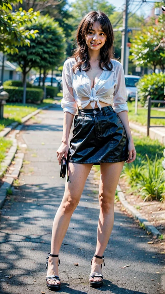 (pretty lady MoonLay standing on the streets of new york),(masterpiece, highest quality, Realistically, work, Very detailed, 8k), ((Wide-angle lens, Full body woman love)), 1 girl,almond skin color, light makeup,exquisite features,smile,exquisite crystal jewelry,heart shaped necklace,Crystal Headband,Light brown hair, Pompadour hairstyle, curl,Correct finger structure,White blouse、black super skintight mini skirt、Leather shoes,Long legs,Frontal standing posture ,Full body portrait,skyscrapers are hazy、Wearing sunglasses、