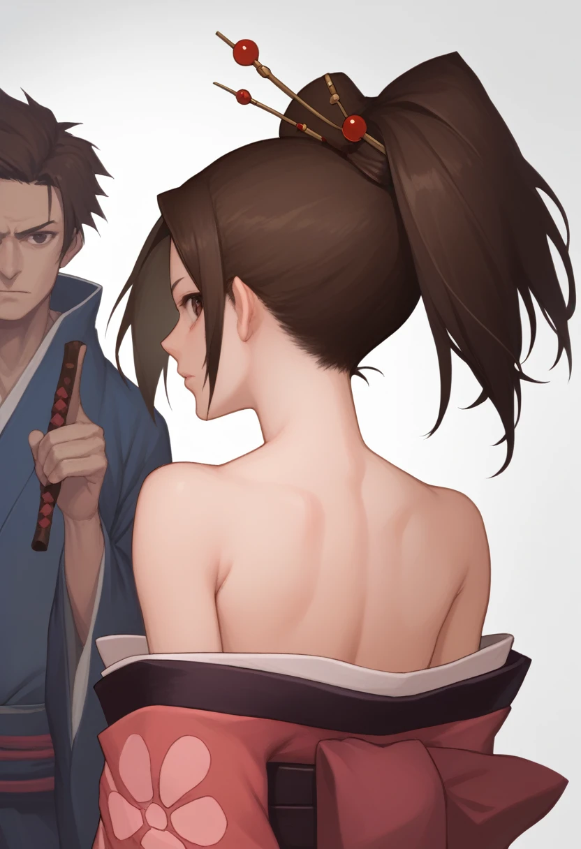 girl, Bare shoulders, back, looking back, looking viewer,, score_9, score_8, score_7, source_anime,fuu, kimono, hair ornament, hair stick, ponytail,
1girl, Teahouse from a historical drama, red fabric, 1boy, boy back, Samurai Middle Ages