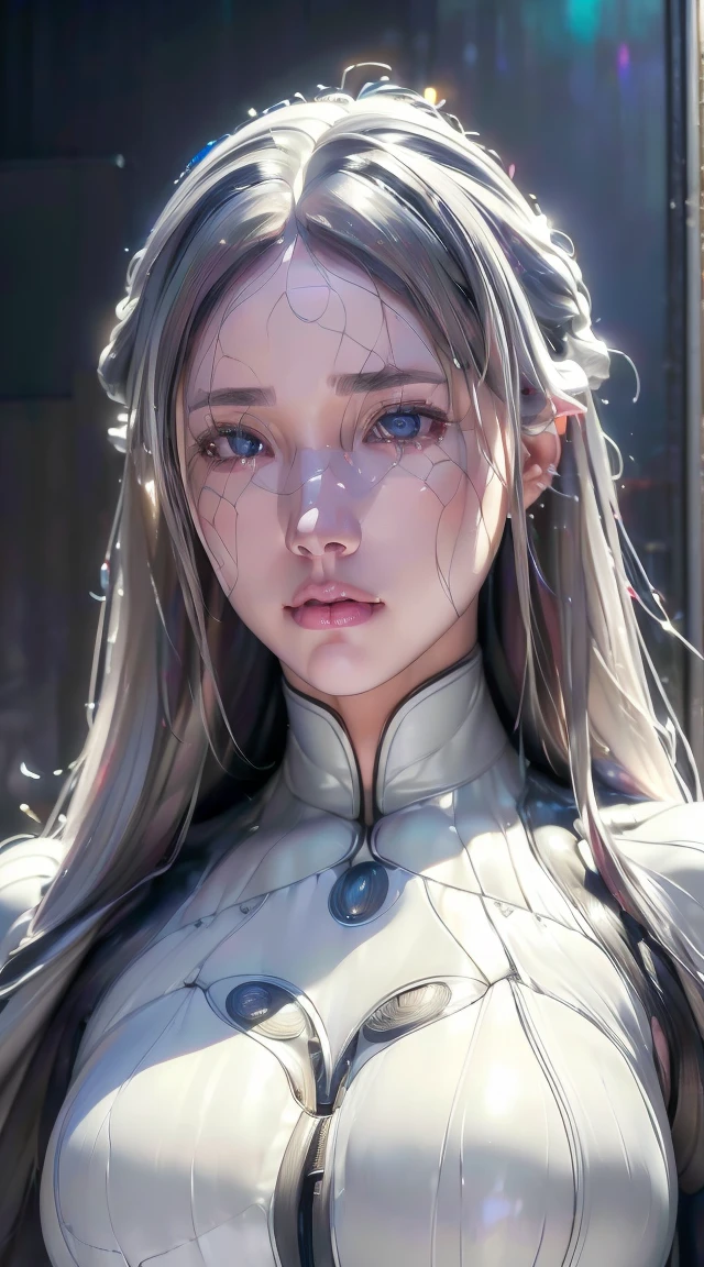 Insightful gray eyes, Long flowing white hair, Very long hair, (Very detailedな顔:1.5), Soft and shiny, Futurist, futurist suit, neon light suit, (((masterpiece:1.5),(highest quality:1.5),(Very detailed:1.5),(High resolution:1.5),(Realistic:1.5),(Realistic:1.5),(Delicate depiction),(Careful depiction))),8k,wallpaper