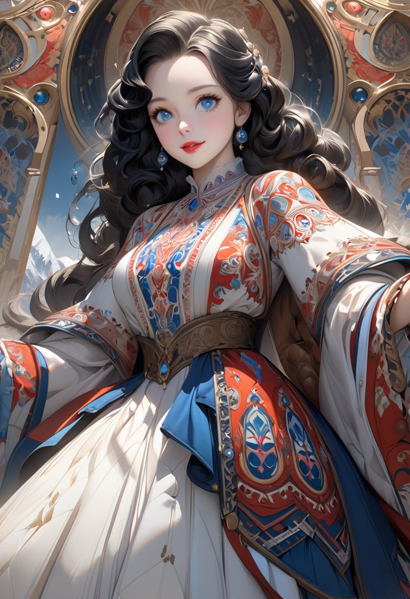 (masterpiece, top quality, highest quality, official art, beautiful and aesthetic: 1.2), ultra-detailed complex 3D rendering of face, various poses, ((Huge breasts: 2.4)), (Exposure: 1.1), blue micro bikini, , Perfect figure: 1.4, Slim abs: 1.1, (1 girl), Fur-lined red cape, Bejeweled detailed crown: 1.2), serious, cleavage, brown hair, Brown skin, with a strong detailed weapon