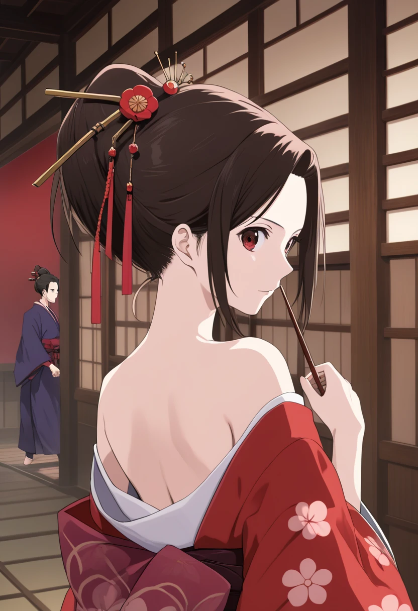 girl, Bare shoulders, back, looking back, looking viewer,, score_9, score_8, score_7, source_anime,fuu, kimono, hair ornament, hair stick, ponytail,
1girl, Teahouse from a historical drama, red fabric, 1boy, boy back, Samurai Middle Ages