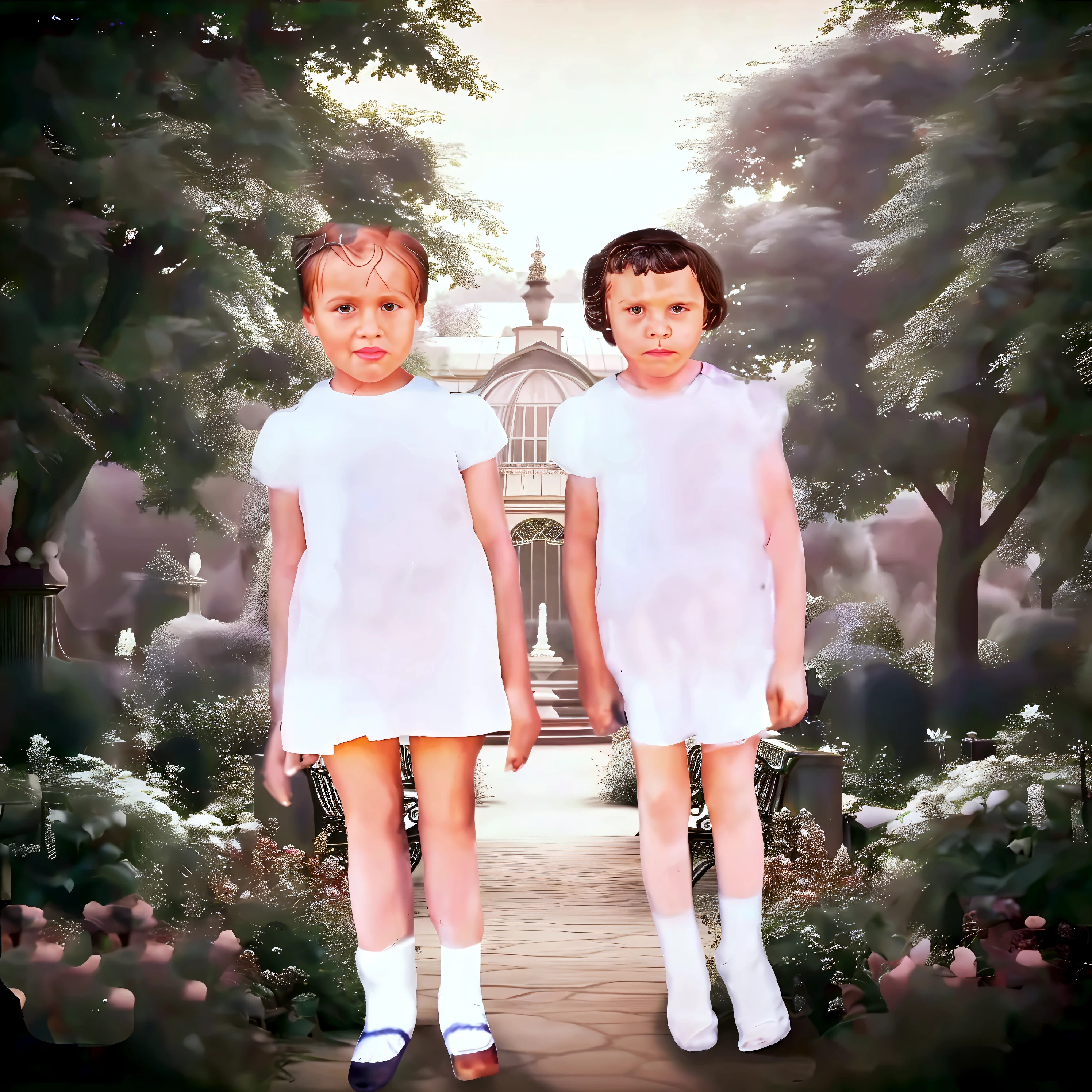 Photo of just a 6 year old girl standing, full body, white dress, damaged grainy photo, old color photograph, hand color photo, colored, aged photo, old photo, photo taken in 1996. In the background a beautiful Park with trees, apple trees and beautiful flowers.