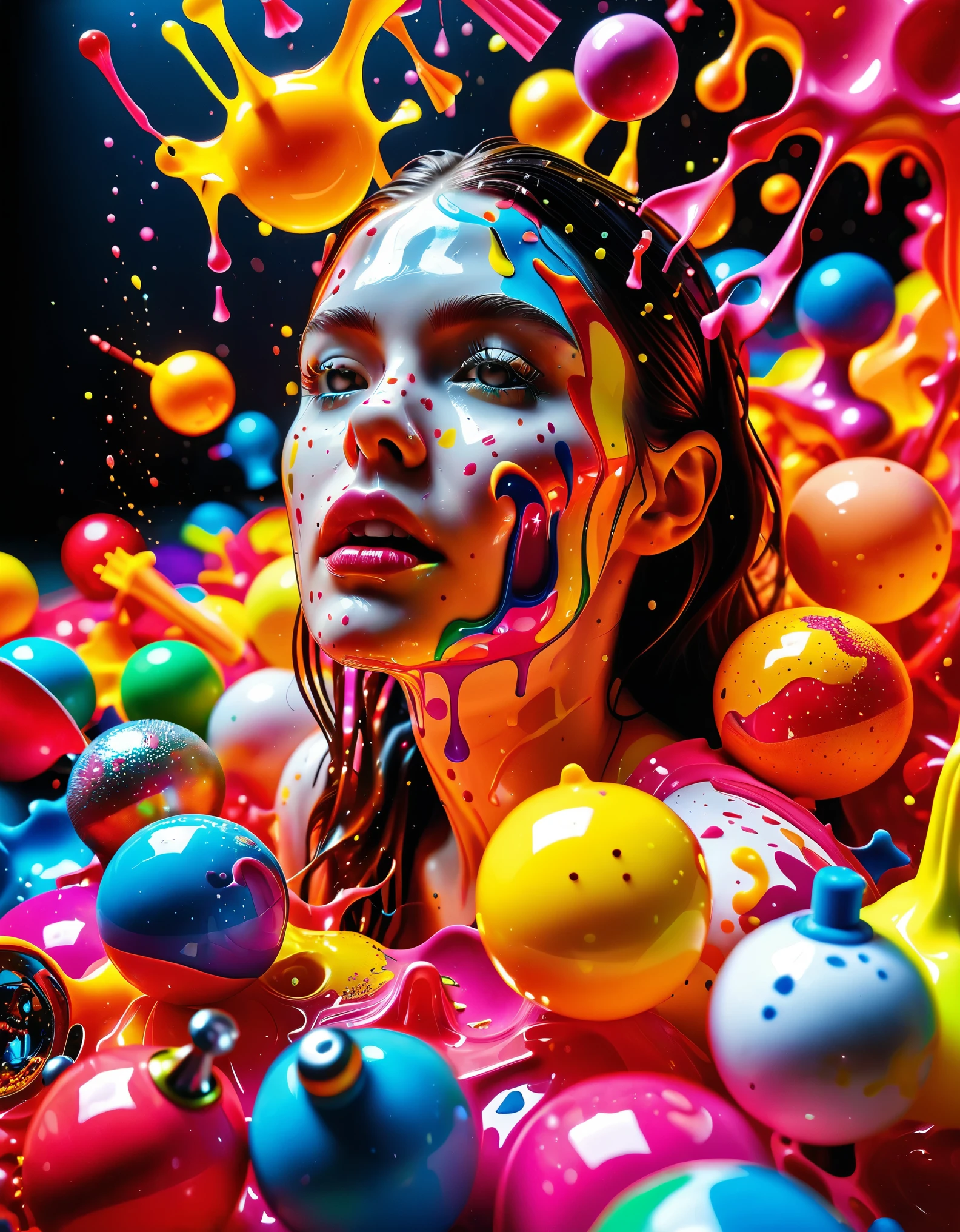 Photorealistic, beautiful woman on top of a giant pile of plastic toys including squirt guns, tricycles, dolls with large busts, action figures, ball bats, frisbees and yo-yos, being melted down into vibrant shiny neon colored goop. With the colors running together towards the viewer the boiling hot plastic melt is jumping off the floor and flying  towards the viewer, captured in stunning 3D cinematic photography with lighting, depth of field, bright colors, reflective slick melted plastic,  dripping splattered melted plastic in every color. Cinematic photography, realism, portrait photography, attention to facial features and colorful plastic flying at us!!